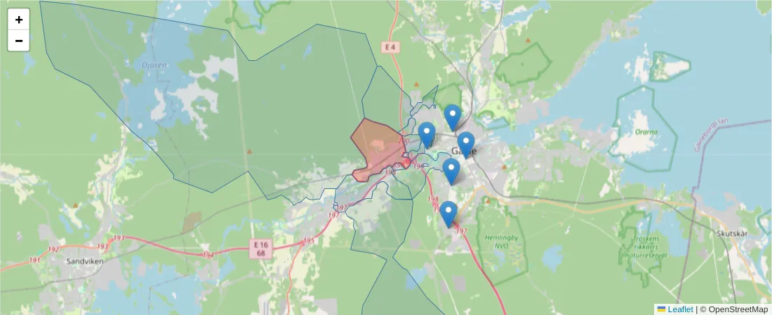 Karta över postnummerområdet  och angränsande postnummer i Sverige
