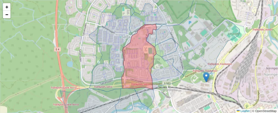Karta över postnummerområdet  och angränsande postnummer i Sverige