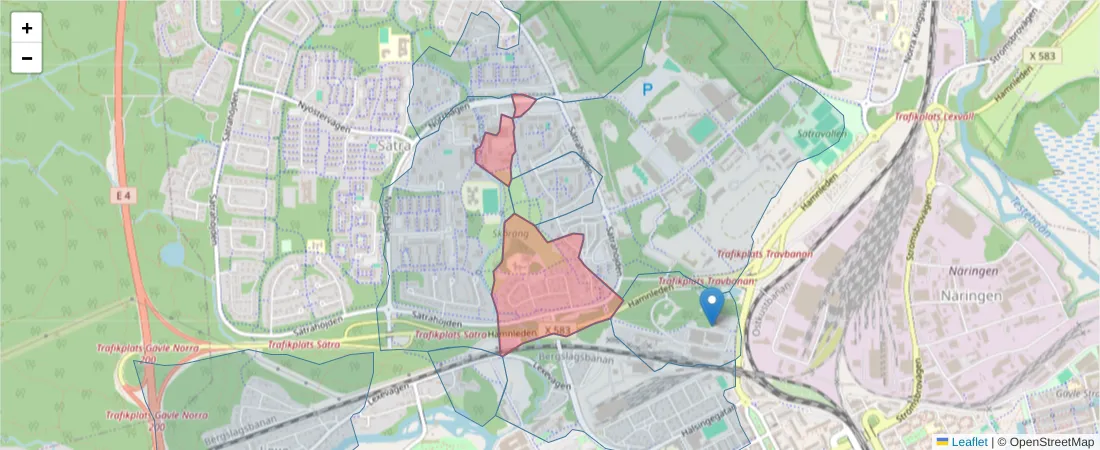 Karta över postnummerområdet  och angränsande postnummer i Sverige