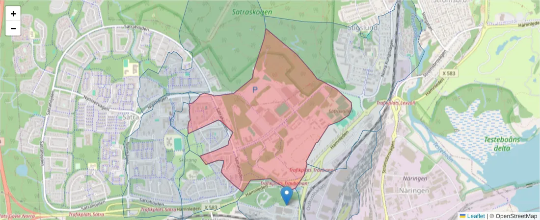 Karta över postnummerområdet  och angränsande postnummer i Sverige