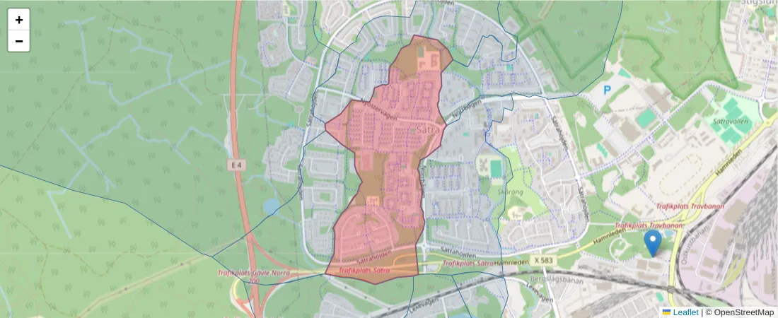 Karta över postnummerområdet  och angränsande postnummer i Sverige