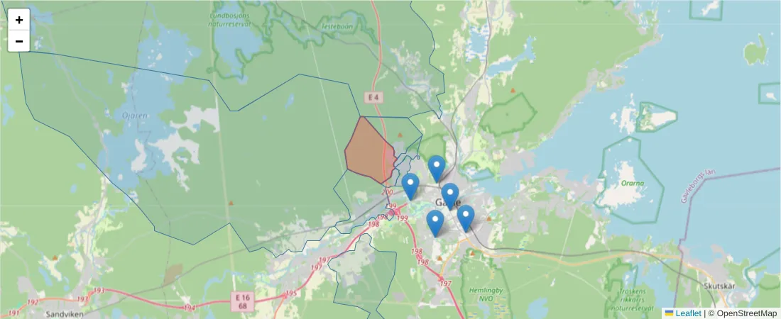 Karta över postnummerområdet  och angränsande postnummer i Sverige