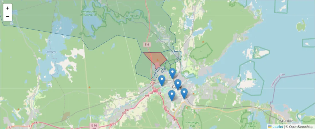 Karta över postnummerområdet  och angränsande postnummer i Sverige