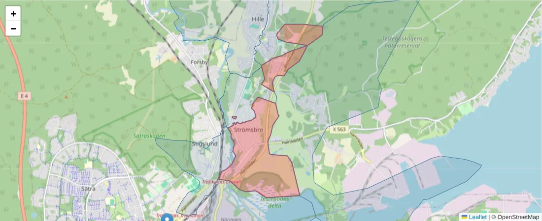 Karta över postnummerområdet  och angränsande postnummer i Sverige