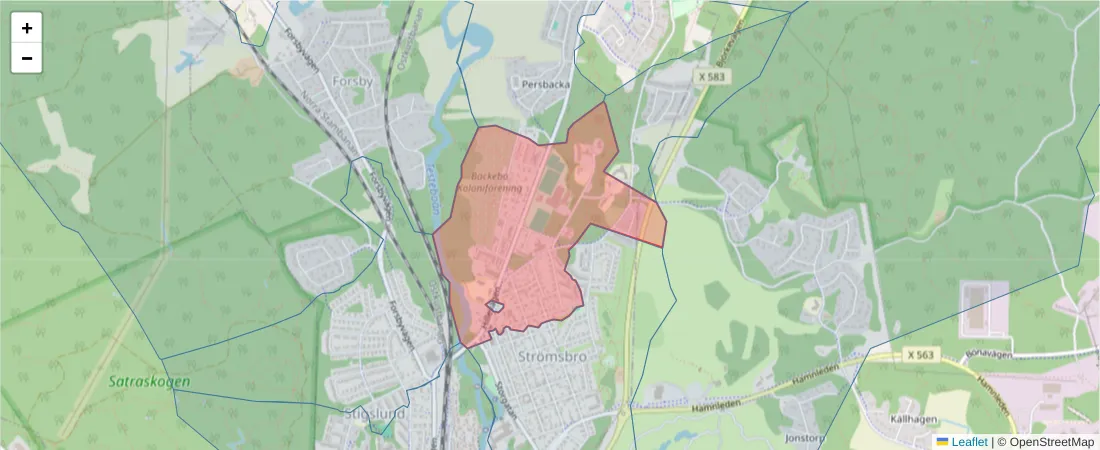 Karta över postnummerområdet  och angränsande postnummer i Sverige