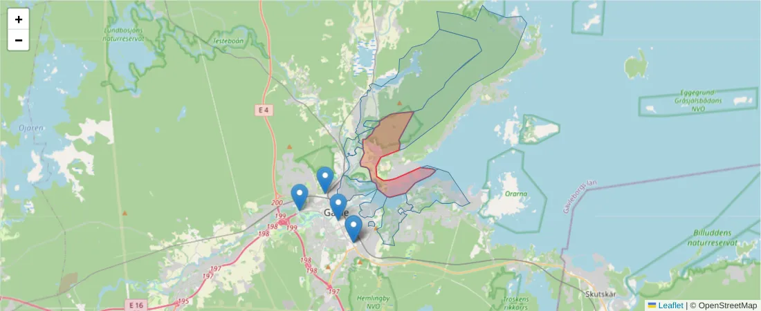 Karta över postnummerområdet  och angränsande postnummer i Sverige