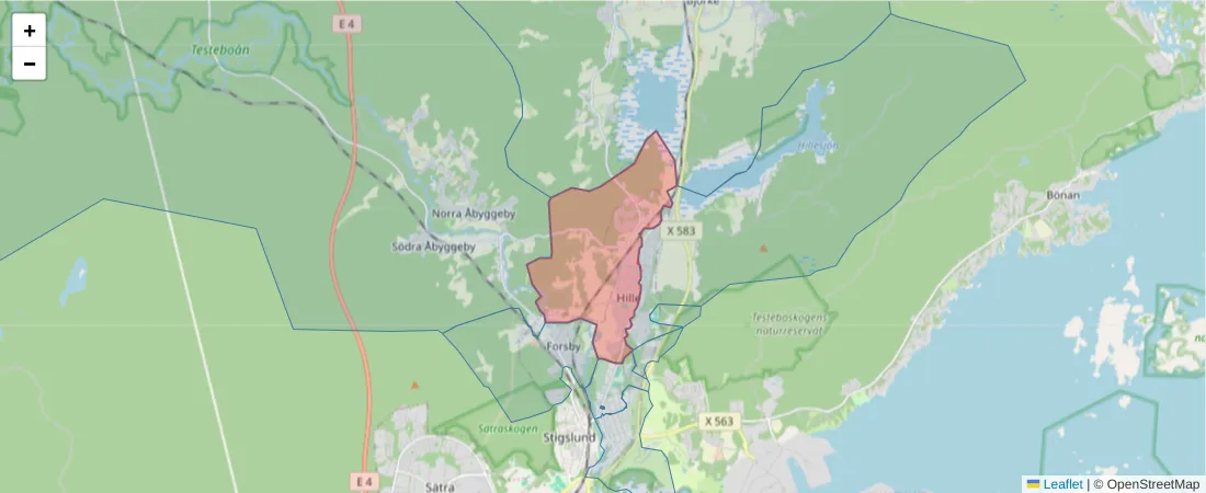 Karta över postnummerområdet  och angränsande postnummer i Sverige