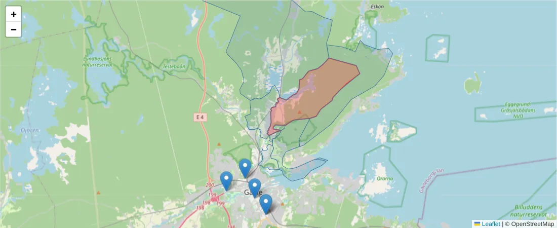 Karta över postnummerområdet  och angränsande postnummer i Sverige