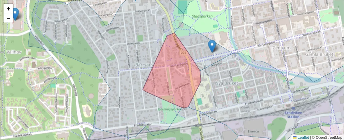 Karta över postnummerområdet  och angränsande postnummer i Sverige