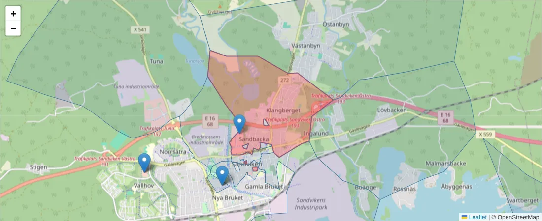 Karta över postnummerområdet  och angränsande postnummer i Sverige
