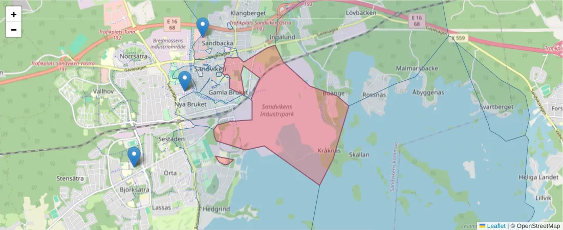 Karta över postnummerområdet  och angränsande postnummer i Sverige
