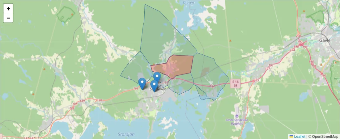 Karta över postnummerområdet  och angränsande postnummer i Sverige