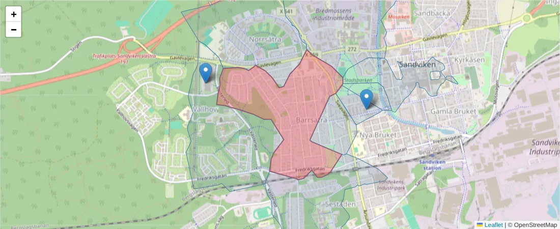 Karta över postnummerområdet  och angränsande postnummer i Sverige