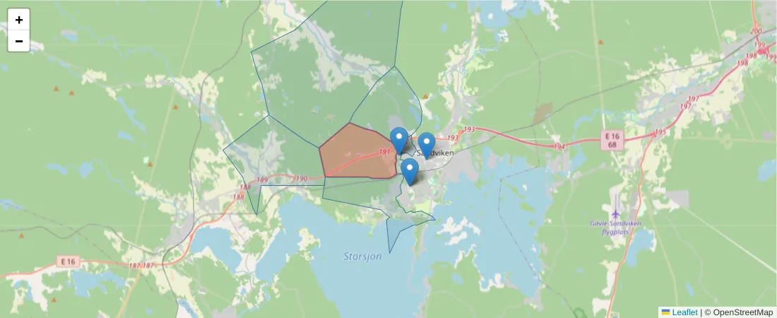 Karta över postnummerområdet  och angränsande postnummer i Sverige