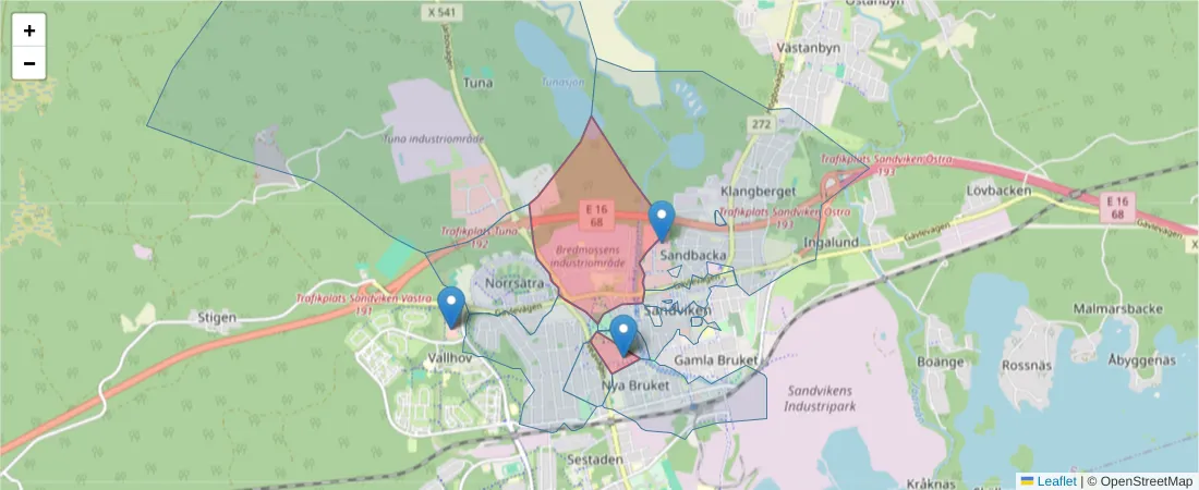 Karta över postnummerområdet  och angränsande postnummer i Sverige