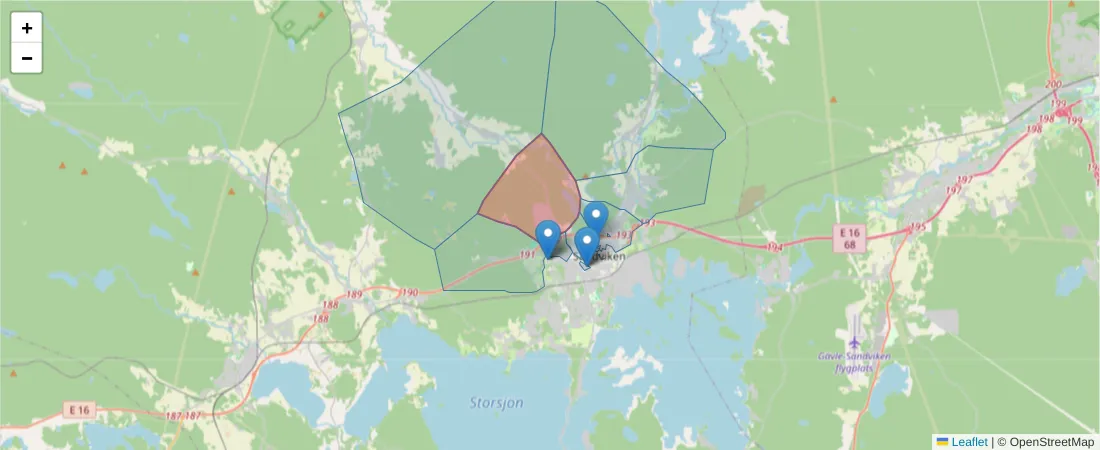 Karta över postnummerområdet  och angränsande postnummer i Sverige