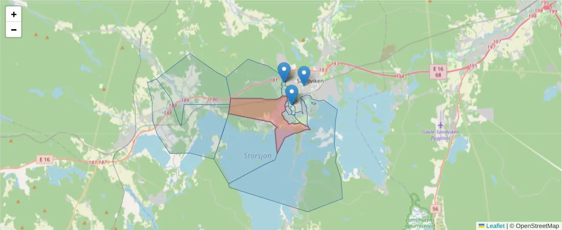 Karta över postnummerområdet  och angränsande postnummer i Sverige
