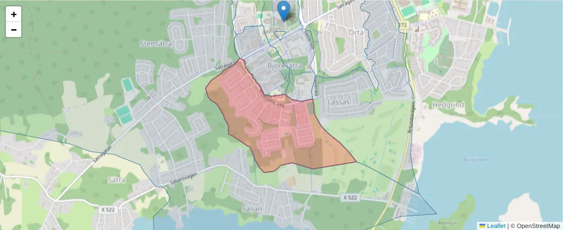 Karta över postnummerområdet  och angränsande postnummer i Sverige