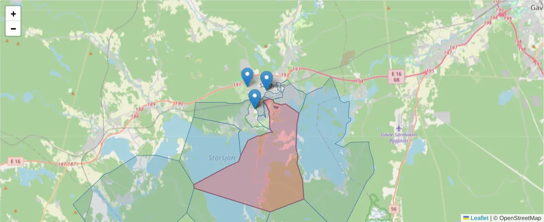 Karta över postnummerområdet  och angränsande postnummer i Sverige