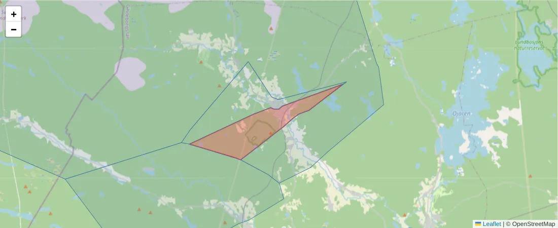 Karta över postnummerområdet  och angränsande postnummer i Sverige