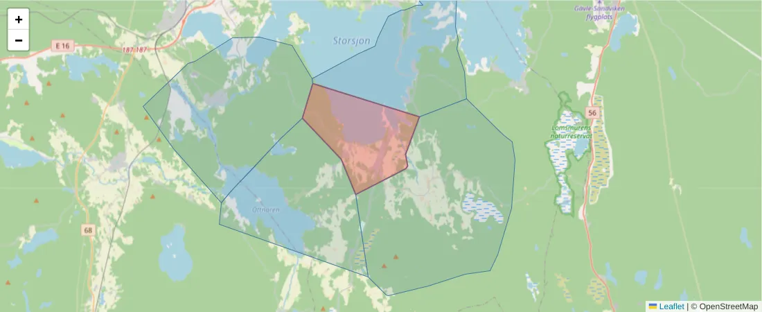 Karta över postnummerområdet  och angränsande postnummer i Sverige