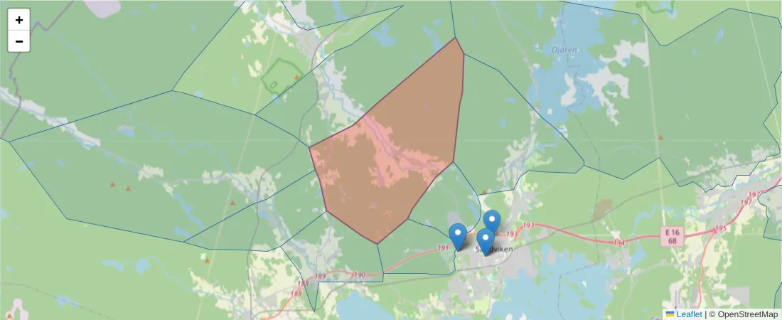 Karta över postnummerområdet  och angränsande postnummer i Sverige
