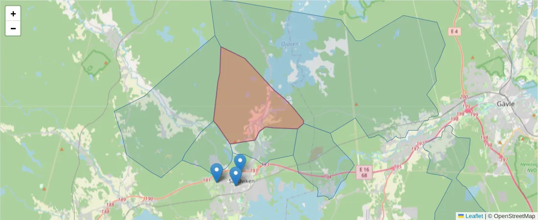 Karta över postnummerområdet  och angränsande postnummer i Sverige