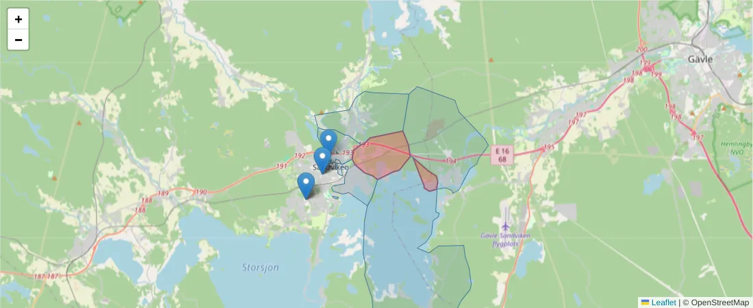 Karta över postnummerområdet  och angränsande postnummer i Sverige