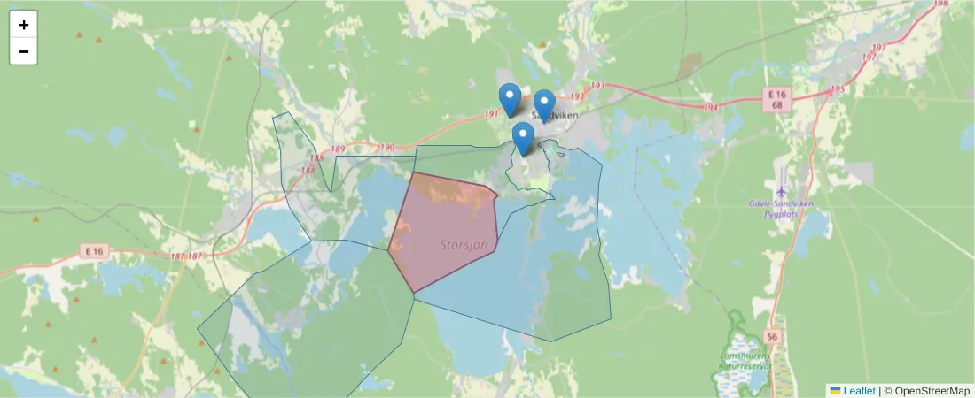 Karta över postnummerområdet  och angränsande postnummer i Sverige