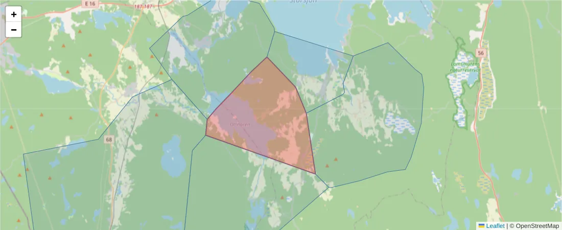 Karta över postnummerområdet  och angränsande postnummer i Sverige