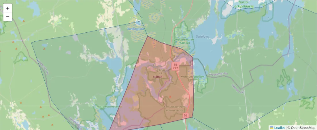 Karta över postnummerområdet  och angränsande postnummer i Sverige