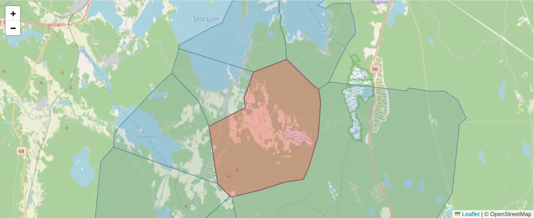 Karta över postnummerområdet  och angränsande postnummer i Sverige