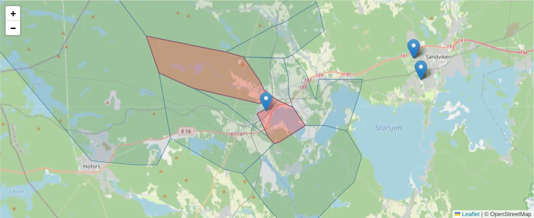 Karta över postnummerområdet  och angränsande postnummer i Sverige