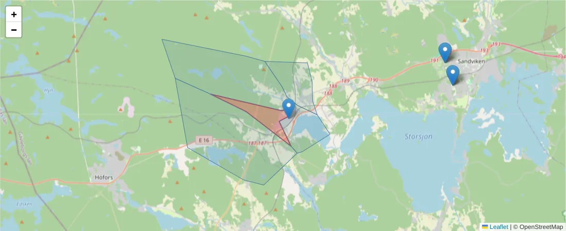 Karta över postnummerområdet  och angränsande postnummer i Sverige