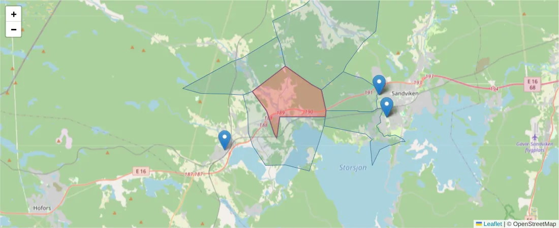 Karta över postnummerområdet  och angränsande postnummer i Sverige