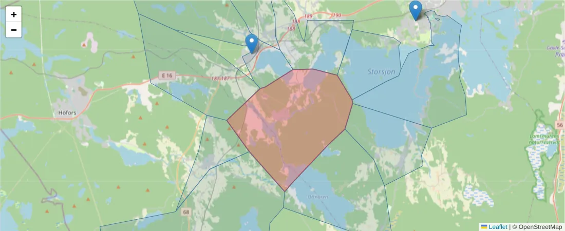 Karta över postnummerområdet  och angränsande postnummer i Sverige
