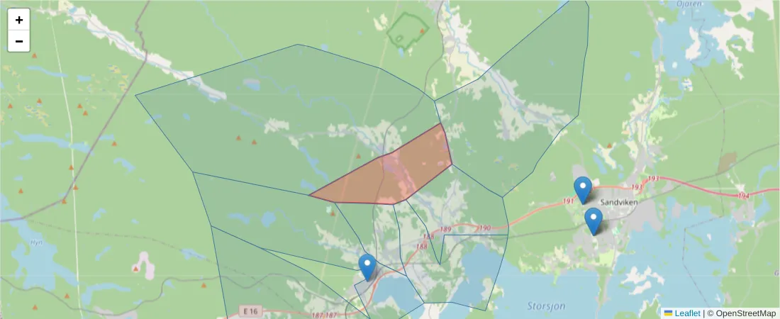 Karta över postnummerområdet  och angränsande postnummer i Sverige