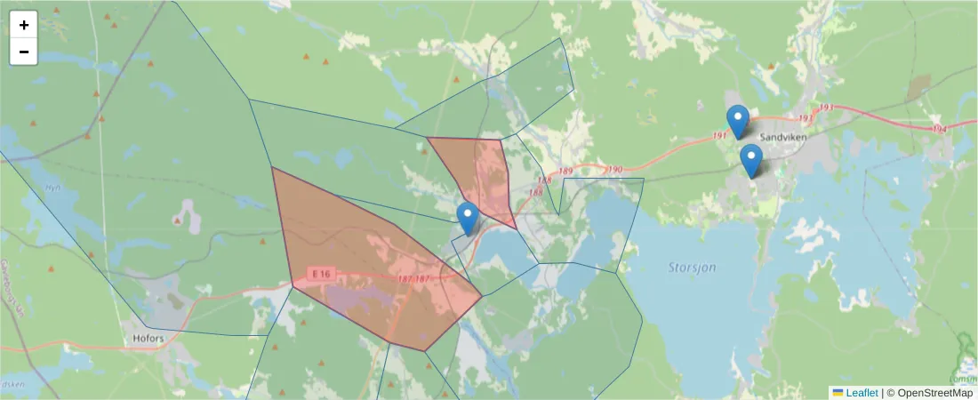 Karta över postnummerområdet  och angränsande postnummer i Sverige