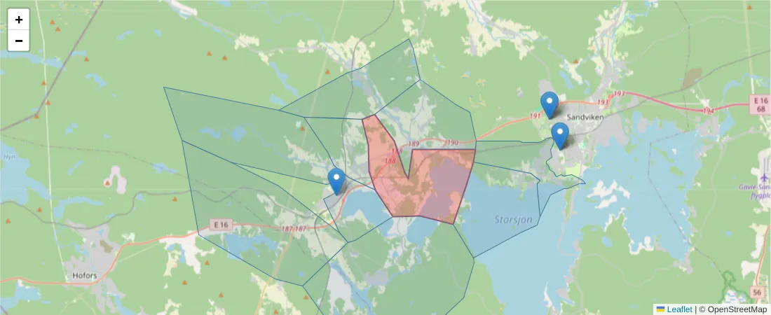 Karta över postnummerområdet  och angränsande postnummer i Sverige