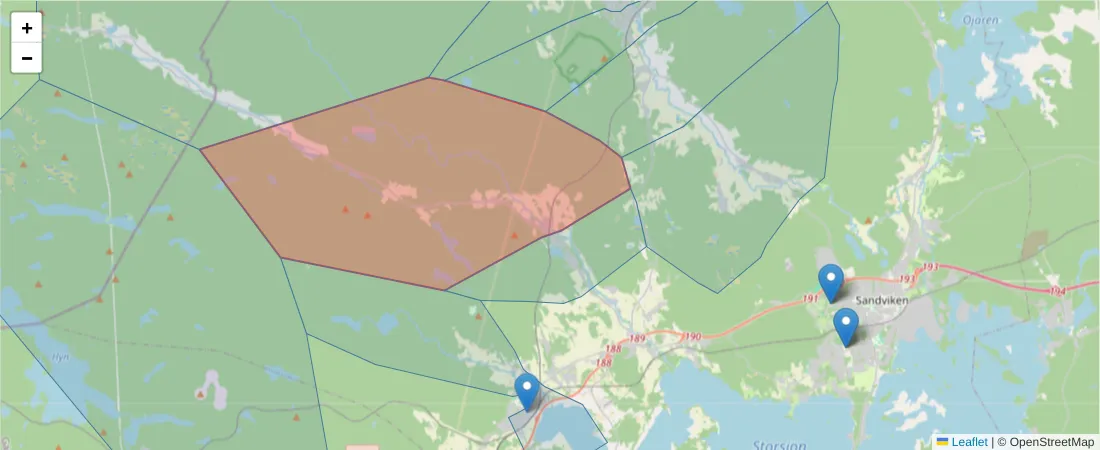Karta över postnummerområdet  och angränsande postnummer i Sverige