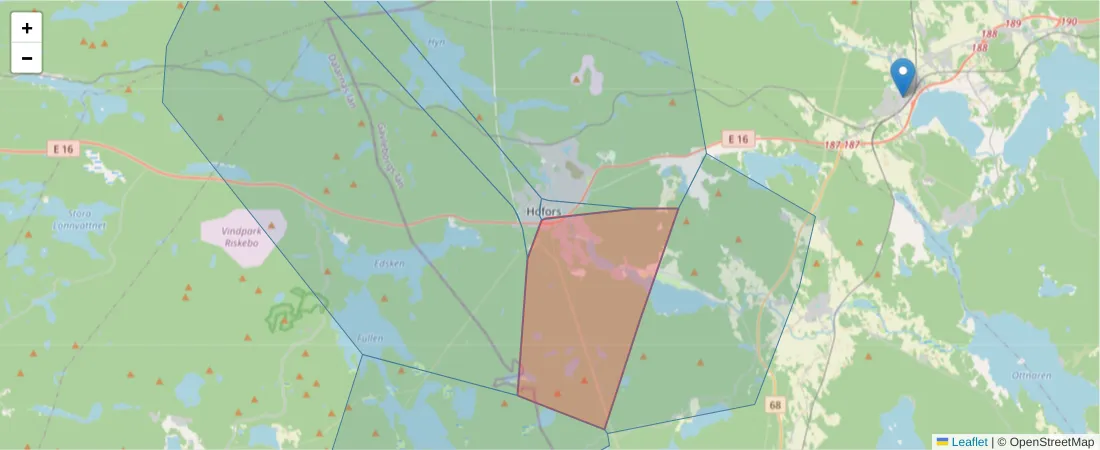 Karta över postnummerområdet  och angränsande postnummer i Sverige