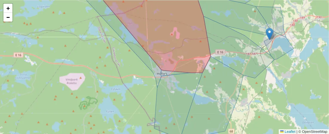 Karta över postnummerområdet  och angränsande postnummer i Sverige