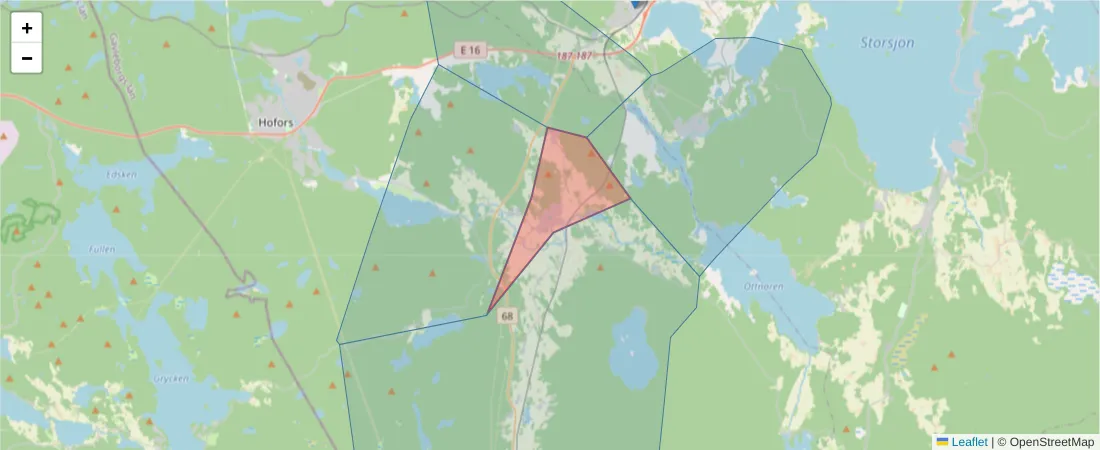 Karta över postnummerområdet  och angränsande postnummer i Sverige