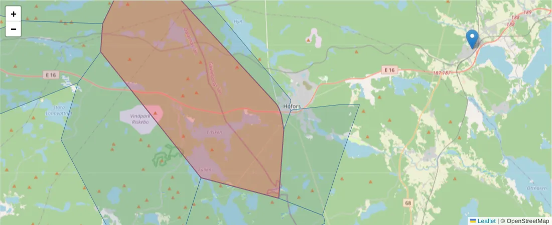 Karta över postnummerområdet  och angränsande postnummer i Sverige