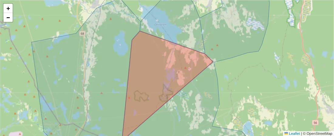 Karta över postnummerområdet  och angränsande postnummer i Sverige