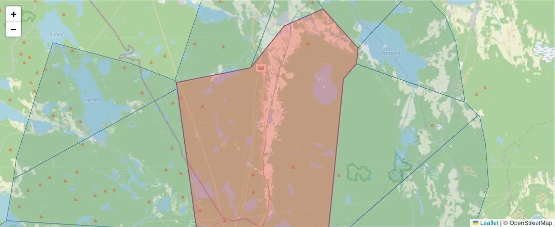 Karta över postnummerområdet  och angränsande postnummer i Sverige