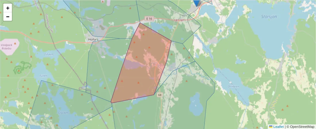 Karta över postnummerområdet  och angränsande postnummer i Sverige