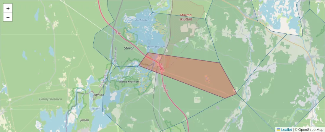 Karta över postnummerområdet  och angränsande postnummer i Sverige