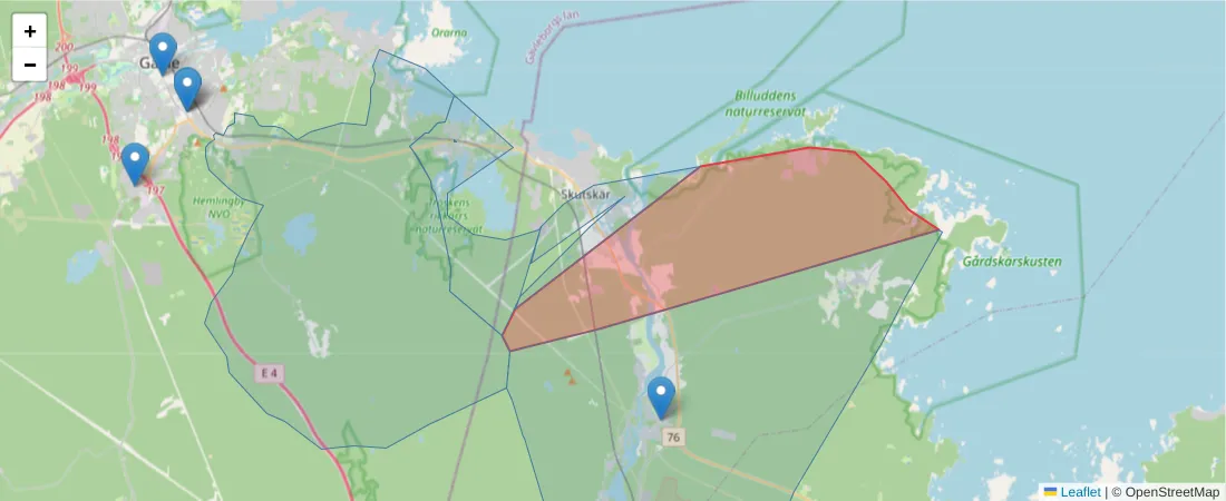 Karta över postnummerområdet  och angränsande postnummer i Sverige