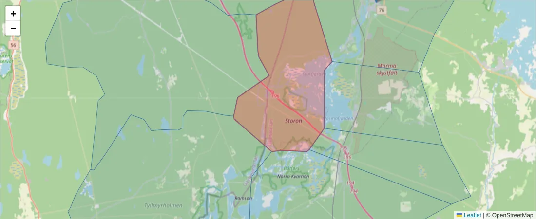 Karta över postnummerområdet  och angränsande postnummer i Sverige